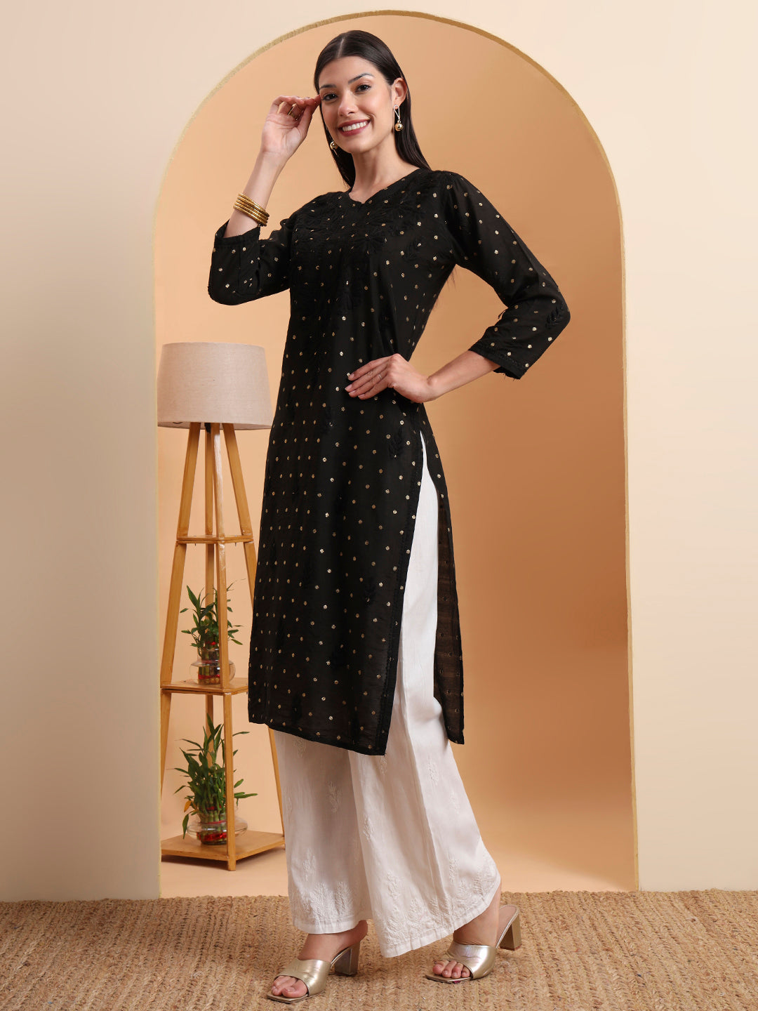 Black Dot Chanderi Work Kurta with White Cotton Palazzo Set