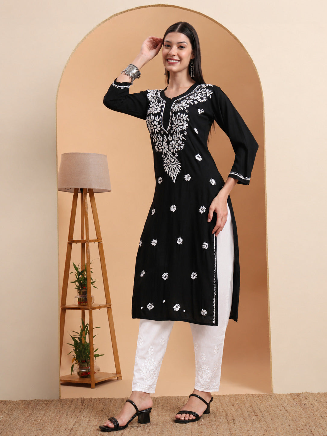 Hand Embroidered Black Modal Chikankari Kurta with White Cotton Palazzo Set