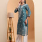 Hand Embroidered Dark Green Leheriya Kota Doria Chikankari Kurta with White Cotton Palazzo Set