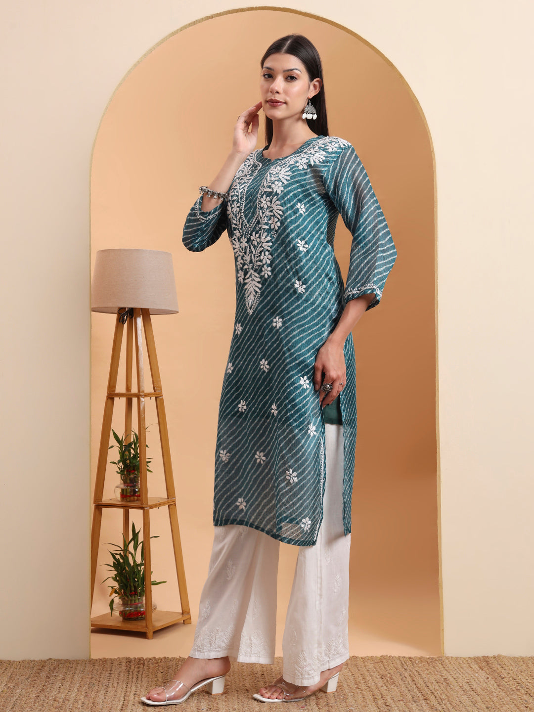 Hand Embroidered Dark Green Leheriya Kota Doria Chikankari Kurta with White Cotton Palazzo Set