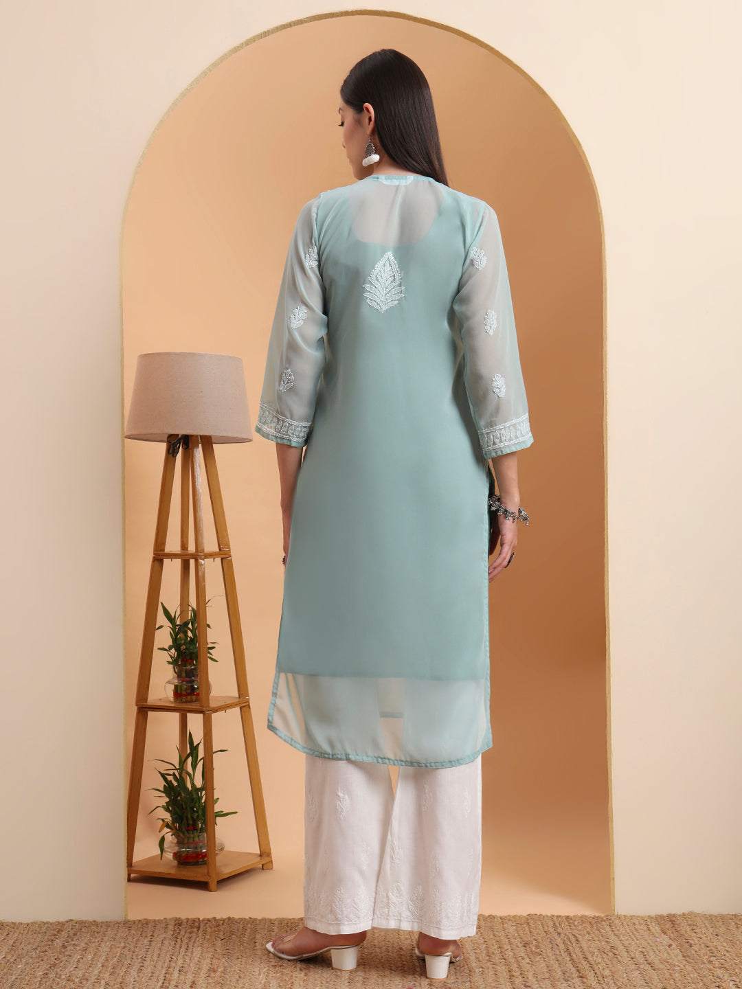 Hand Embroidered Sea Green Georgette Chikankari Kurta with White Cotton Palazzo Set