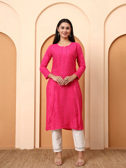 Ethnic Motifs Hand Embroidered Chanderi Lucknowi Chikankari Kurta