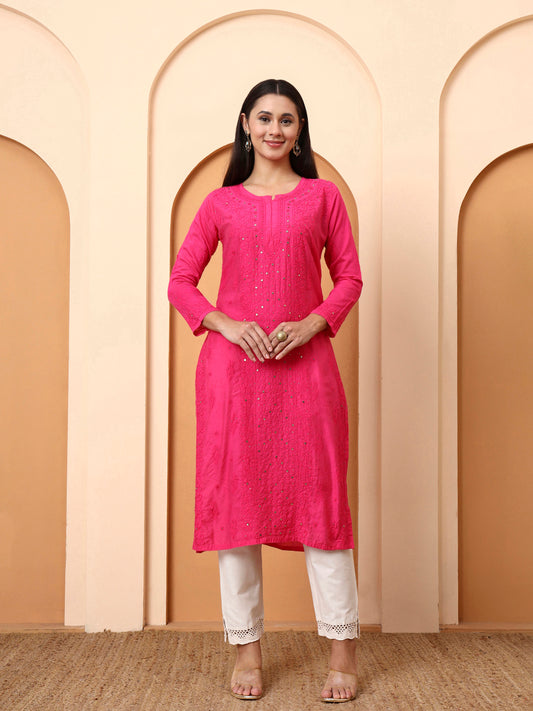 Ethnic Motifs Hand Embroidered Chanderi Lucknowi Chikankari Kurta
