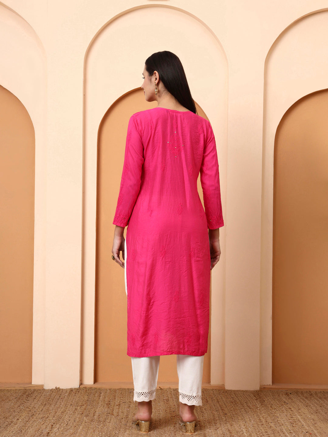 Ethnic Motifs Hand Embroidered Chanderi Lucknowi Chikankari Kurta