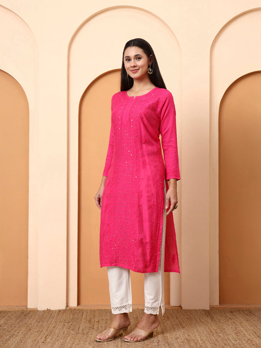 Ethnic Motifs Hand Embroidered Chanderi Lucknowi Chikankari Kurta