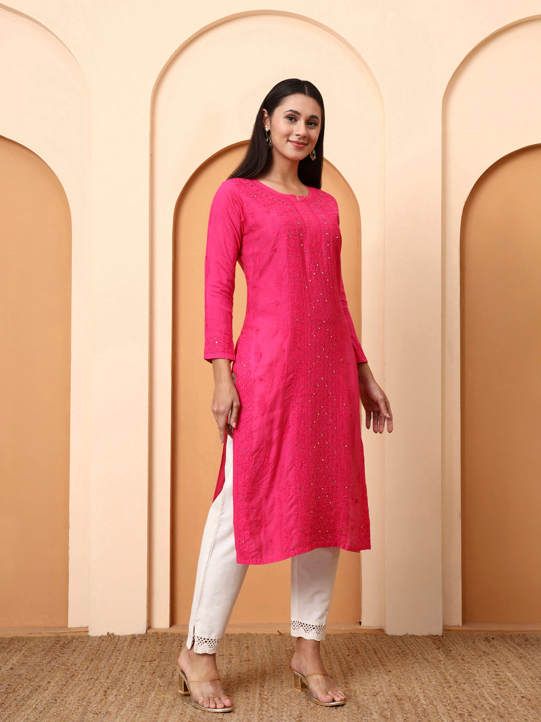 Ethnic Motifs Hand Embroidered Chanderi Lucknowi Chikankari Kurta