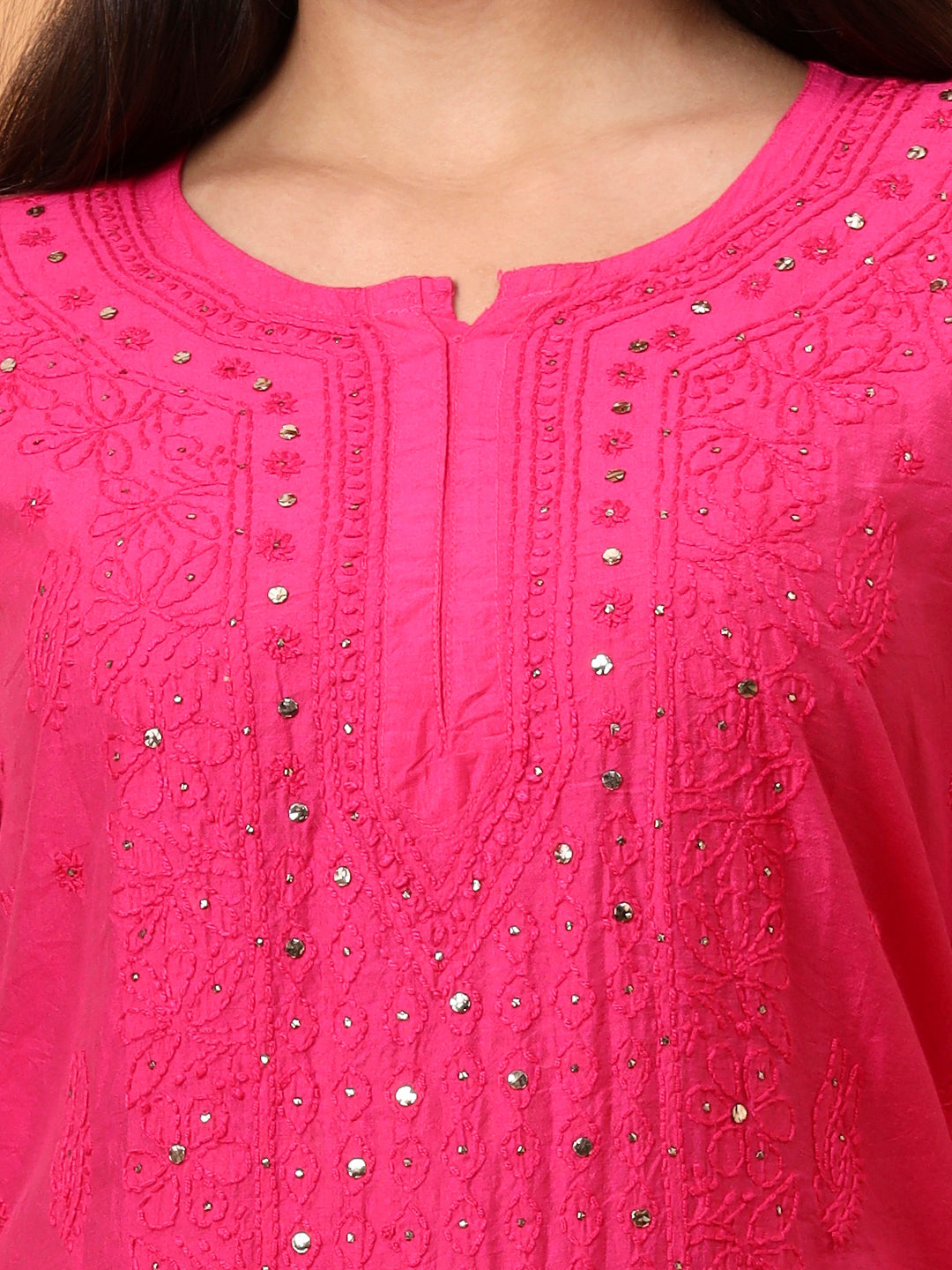 Ethnic Motifs Hand Embroidered Chanderi Lucknowi Chikankari Kurta