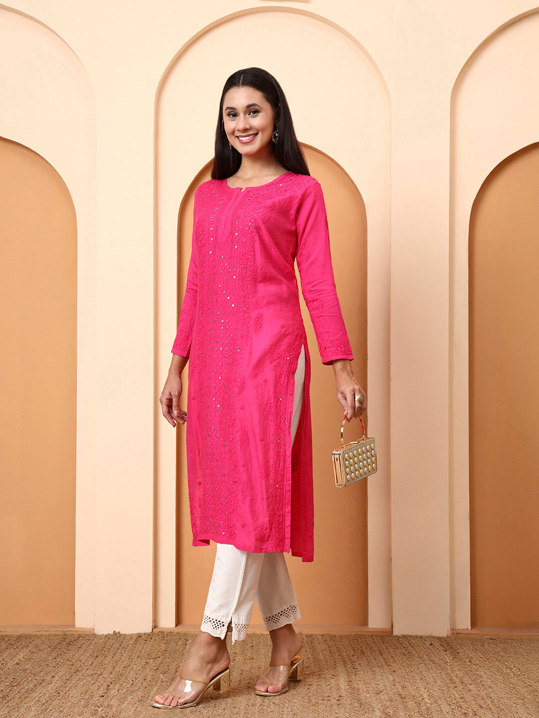 Ethnic Motifs Hand Embroidered Chanderi Lucknowi Chikankari Kurta