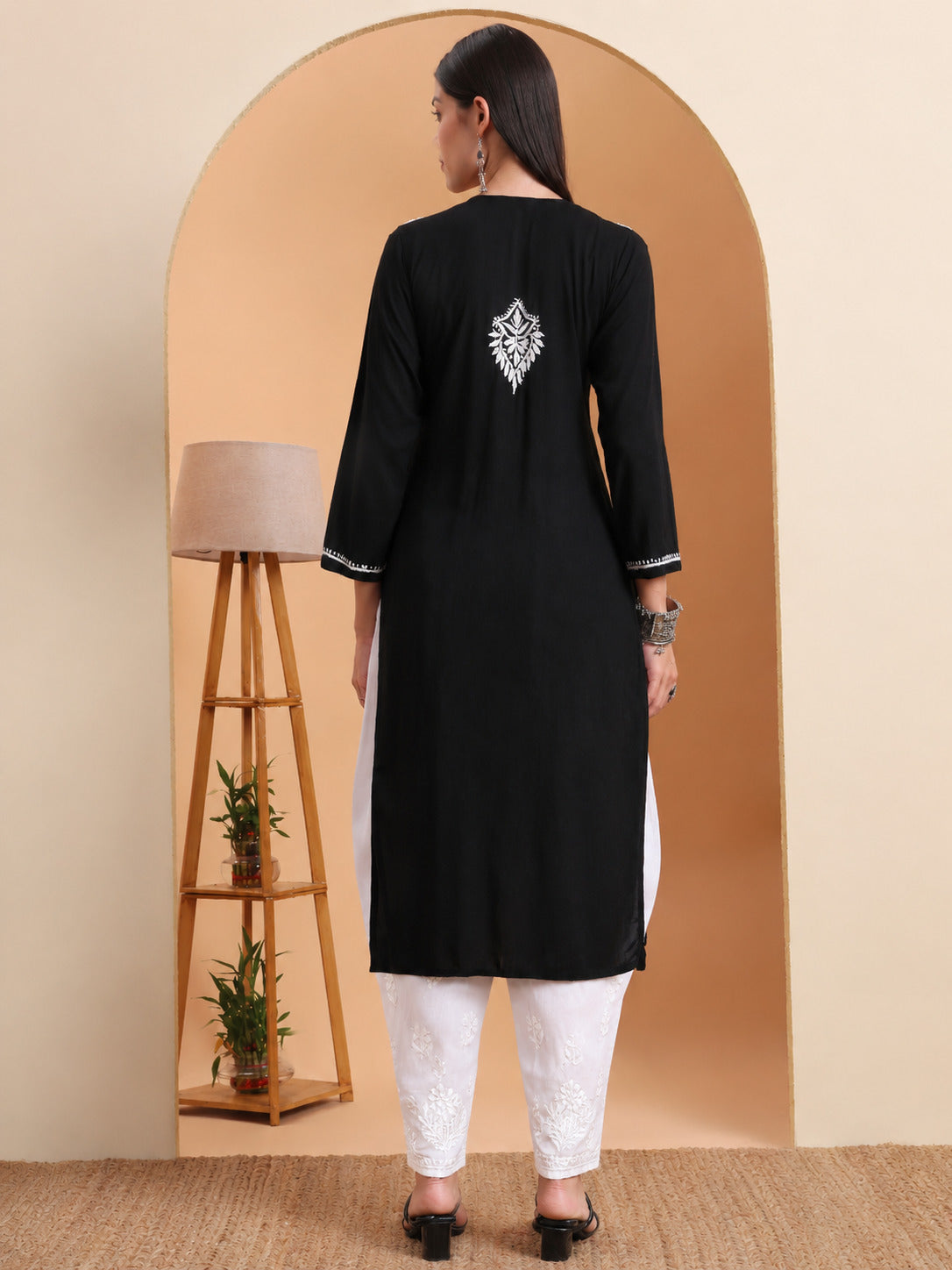 Hand Embroidered Black Modal Chikankari Kurta with White Cotton Palazzo Set