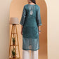 Hand Embroidered Dark Green Leheriya Kota Doria Chikankari Kurta with White Cotton Palazzo Set