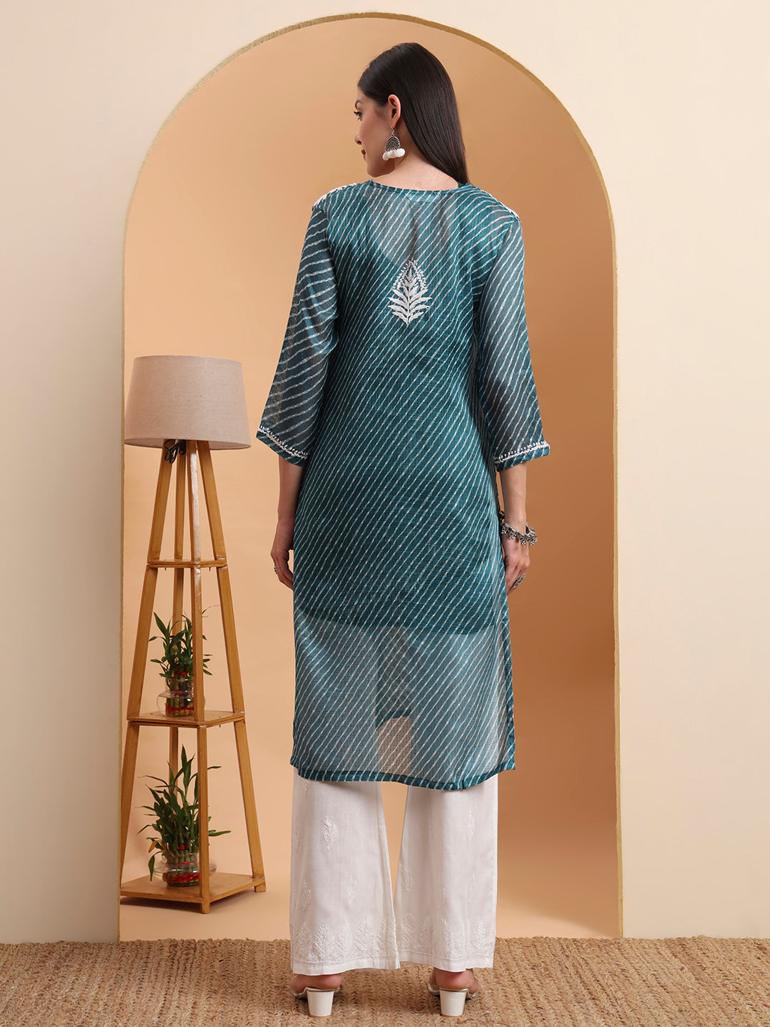 Hand Embroidered Dark Green Leheriya Kota Doria Chikankari Kurta with White Cotton Palazzo Set