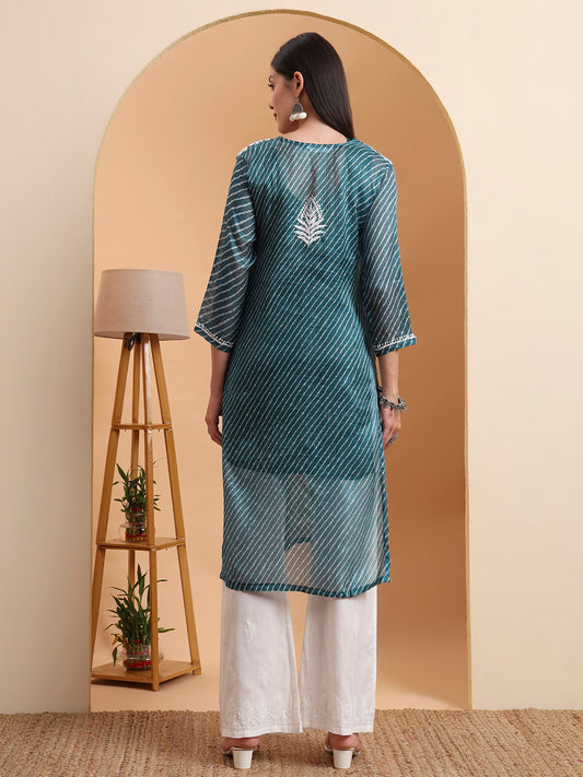 Hand Embroidered Dark Green Leheriya Kota Doria Chikankari Kurta with White Cotton Palazzo Set