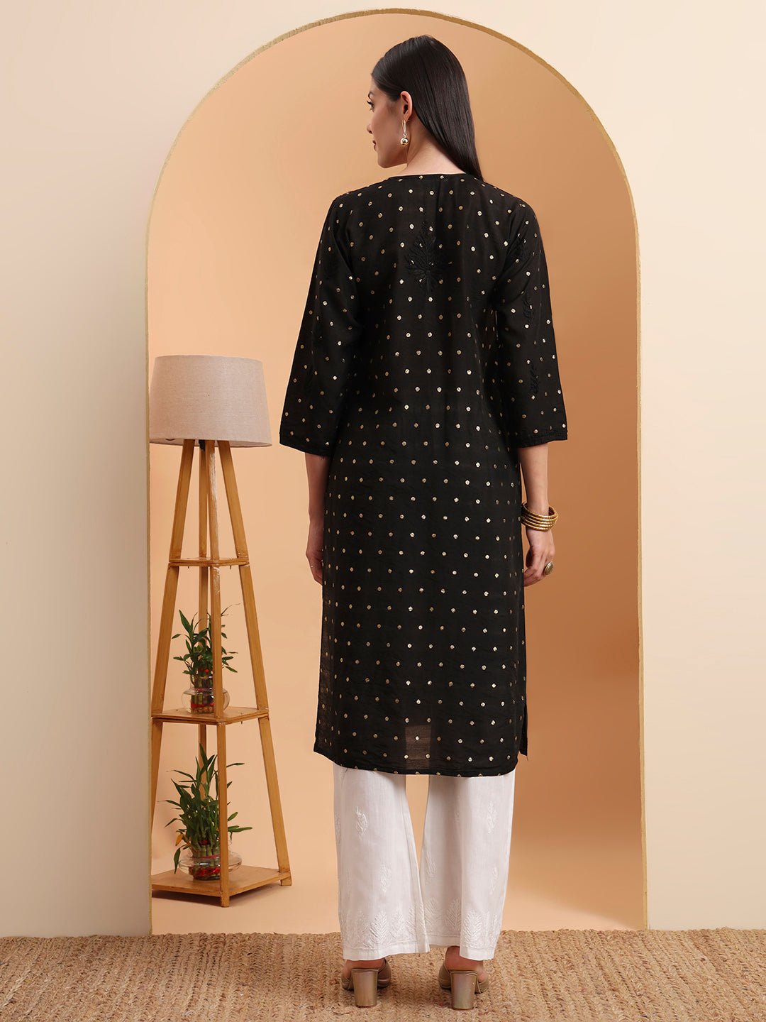 Black Dot Chanderi Work Kurta with White Cotton Palazzo Set