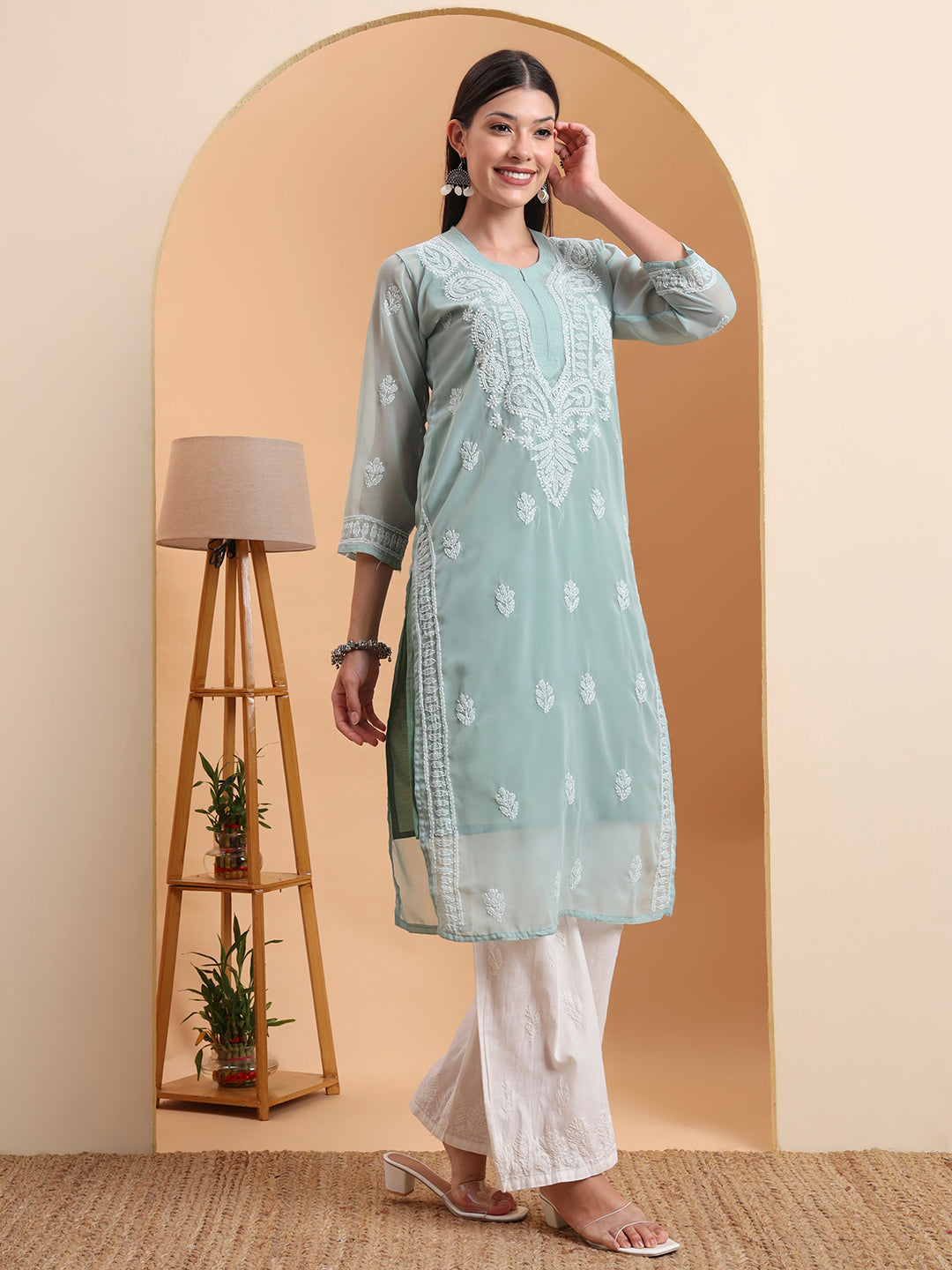 Hand Embroidered Sea Green Georgette Chikankari Kurta with White Cotton Palazzo Set