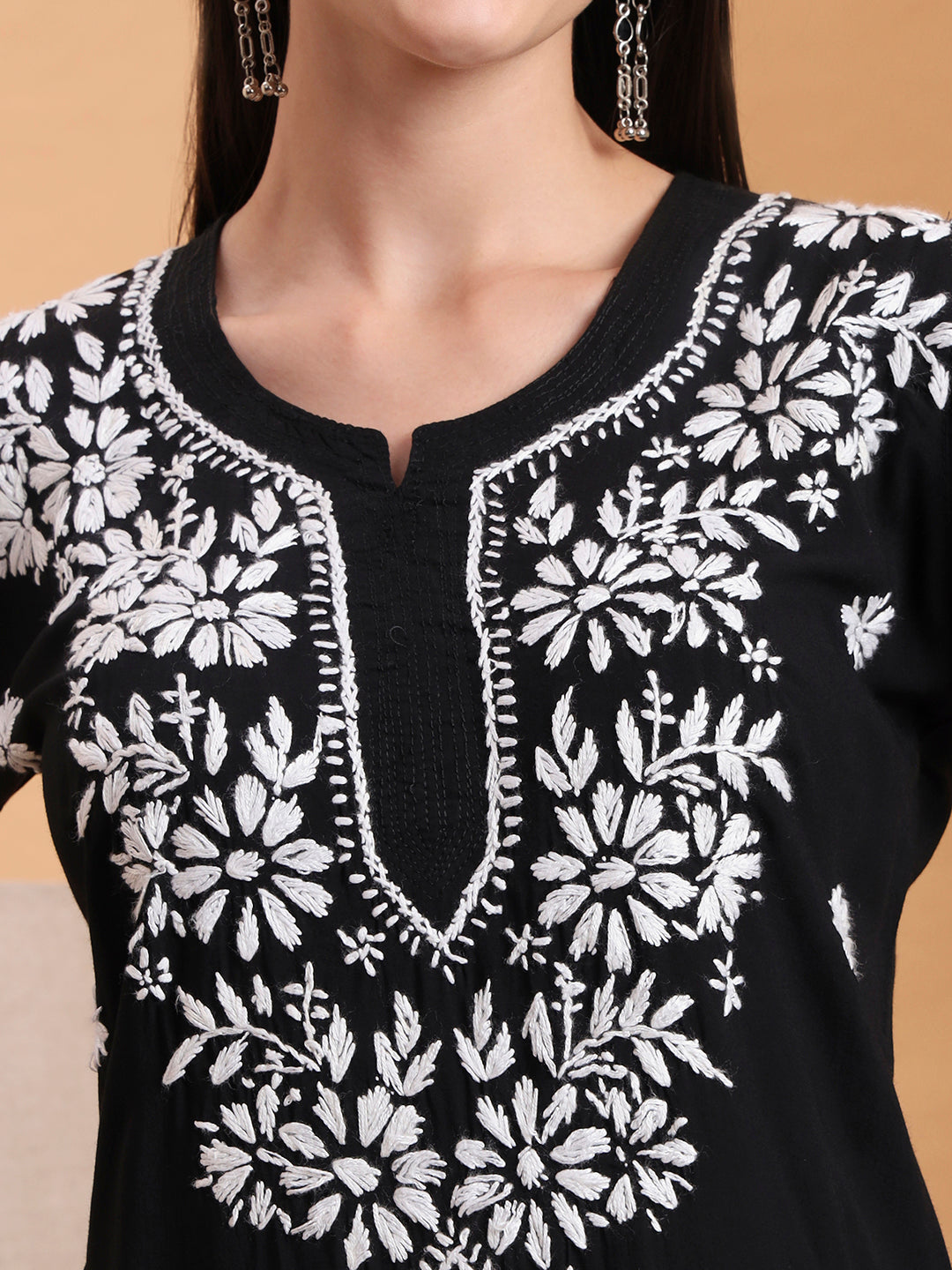 Hand Embroidered Black Modal Chikankari Kurta with White Cotton Palazzo Set