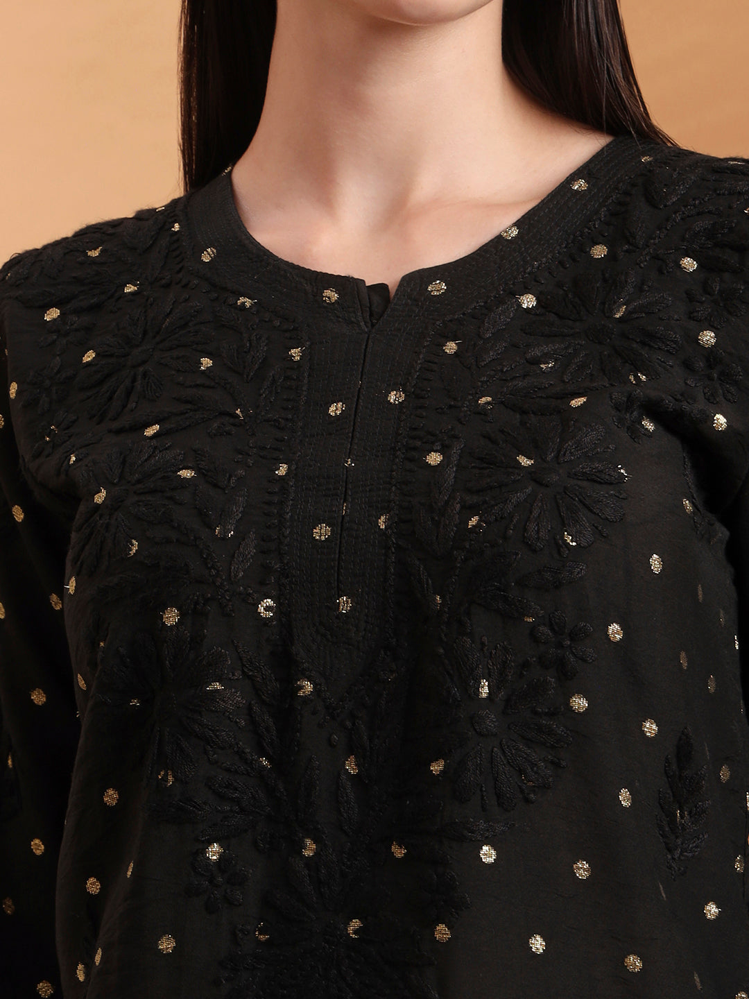 Black Dot Chanderi Work Kurta with White Cotton Palazzo Set