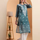 Hand Embroidered Dark Green Leheriya Kota Doria Chikankari Kurta with White Cotton Palazzo Set