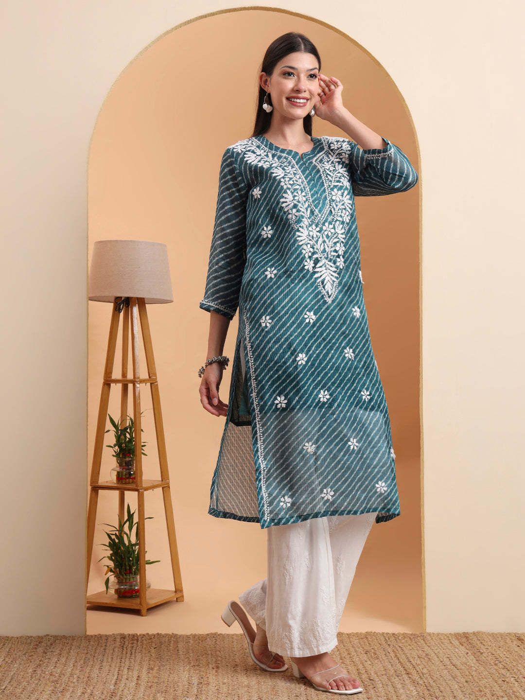 Hand Embroidered Dark Green Leheriya Kota Doria Chikankari Kurta with White Cotton Palazzo Set