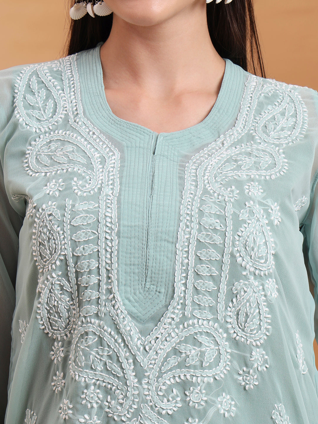 Hand Embroidered Sea Green Georgette Chikankari Kurta with White Cotton Palazzo Set