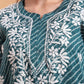 Hand Embroidered Dark Green Leheriya Kota Doria Chikankari Kurta with White Cotton Palazzo Set