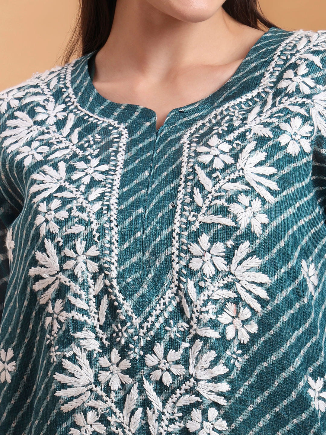 Hand Embroidered Dark Green Leheriya Kota Doria Chikankari Kurta with White Cotton Palazzo Set