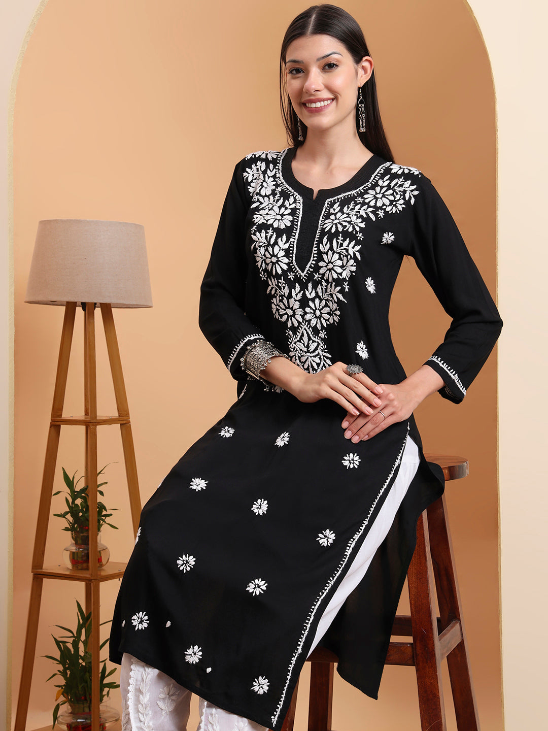 Hand Embroidered Black Modal Chikankari Kurta with White Cotton Palazzo Set