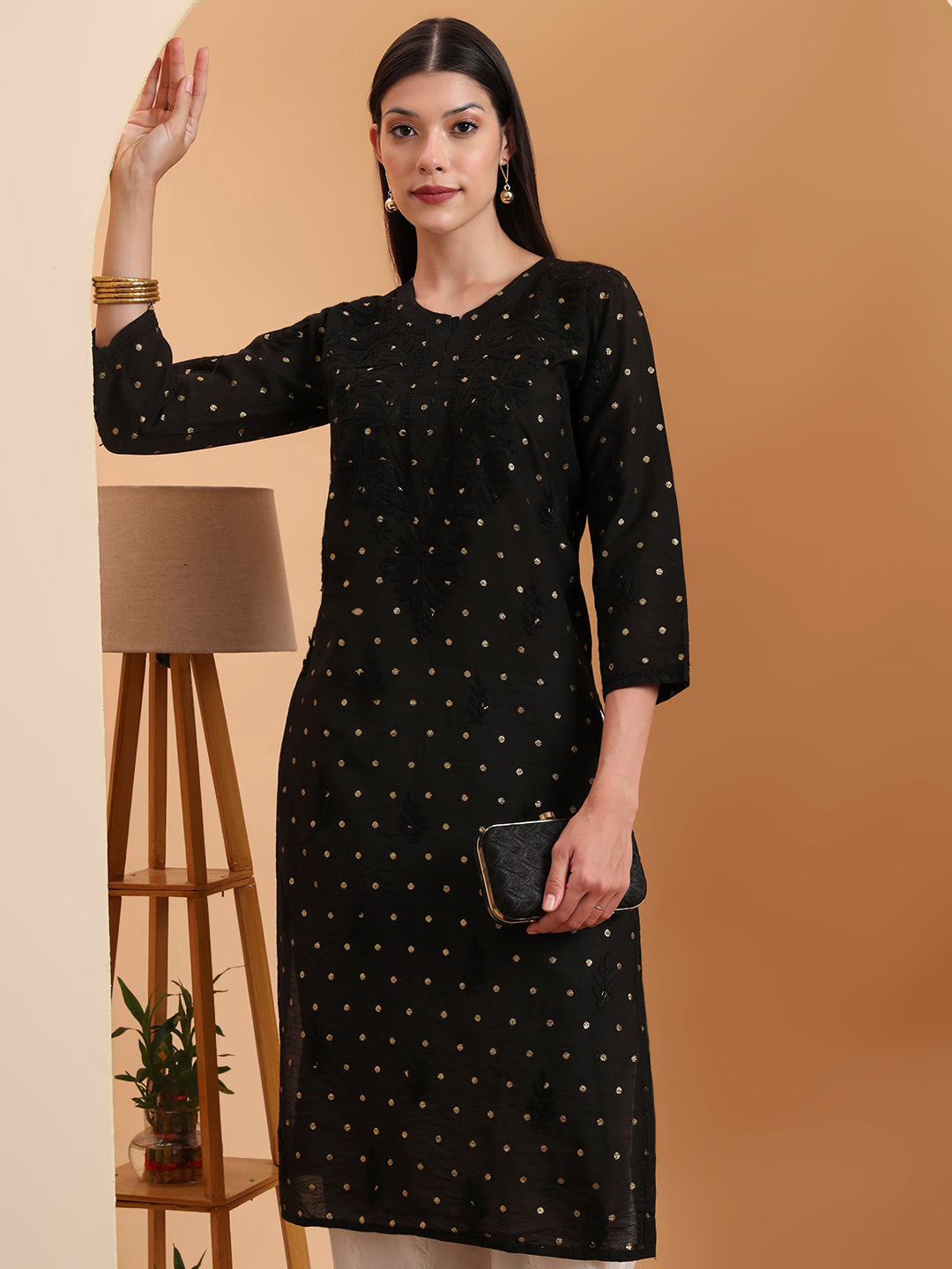 Black Dot Chanderi Work Kurta with White Cotton Palazzo Set