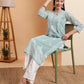 Hand Embroidered Sea Green Georgette Chikankari Kurta with White Cotton Palazzo Set