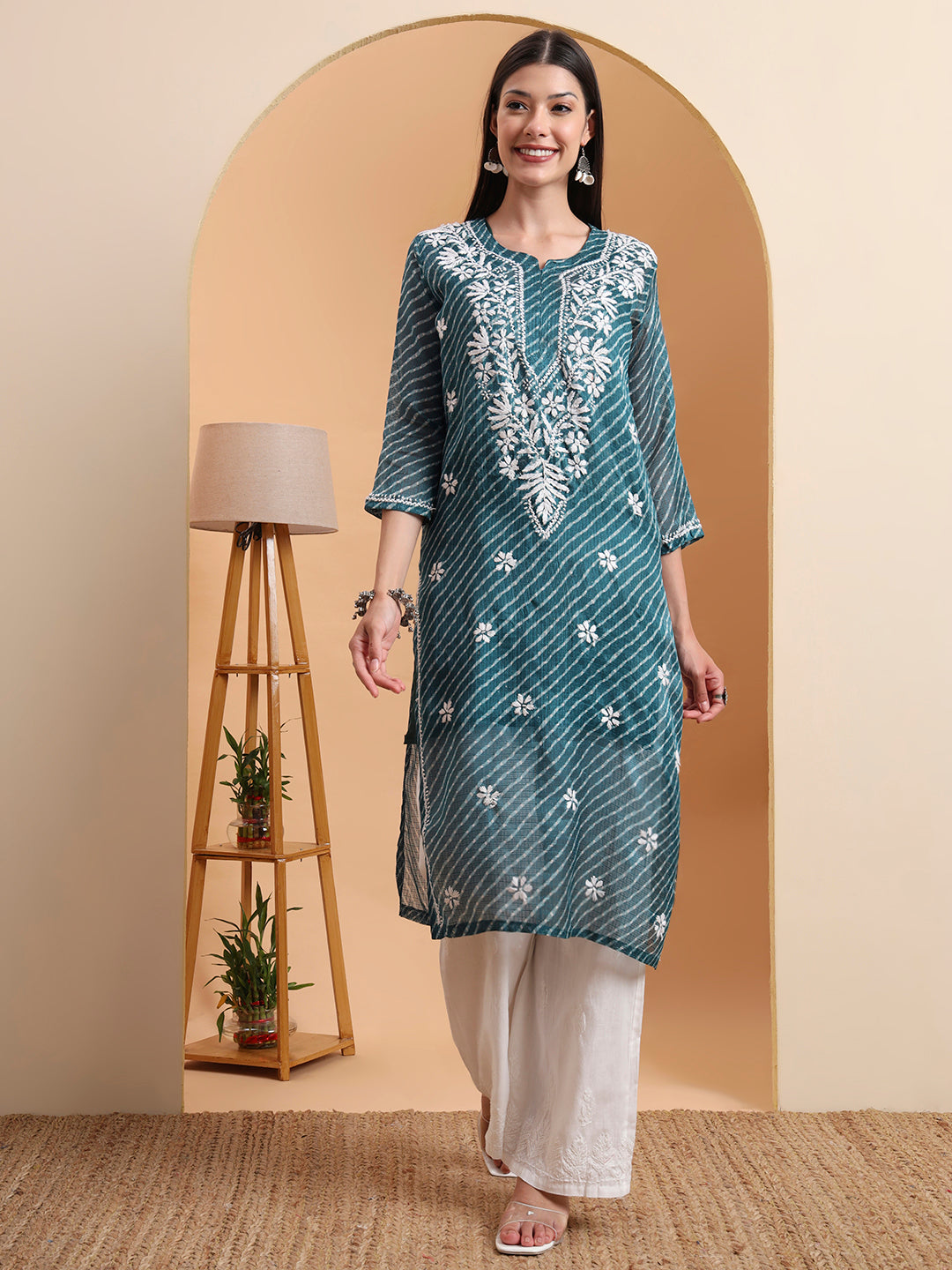 Hand Embroidered Dark Green Leheriya Kota Doria Chikankari Kurta with White Cotton Palazzo Set