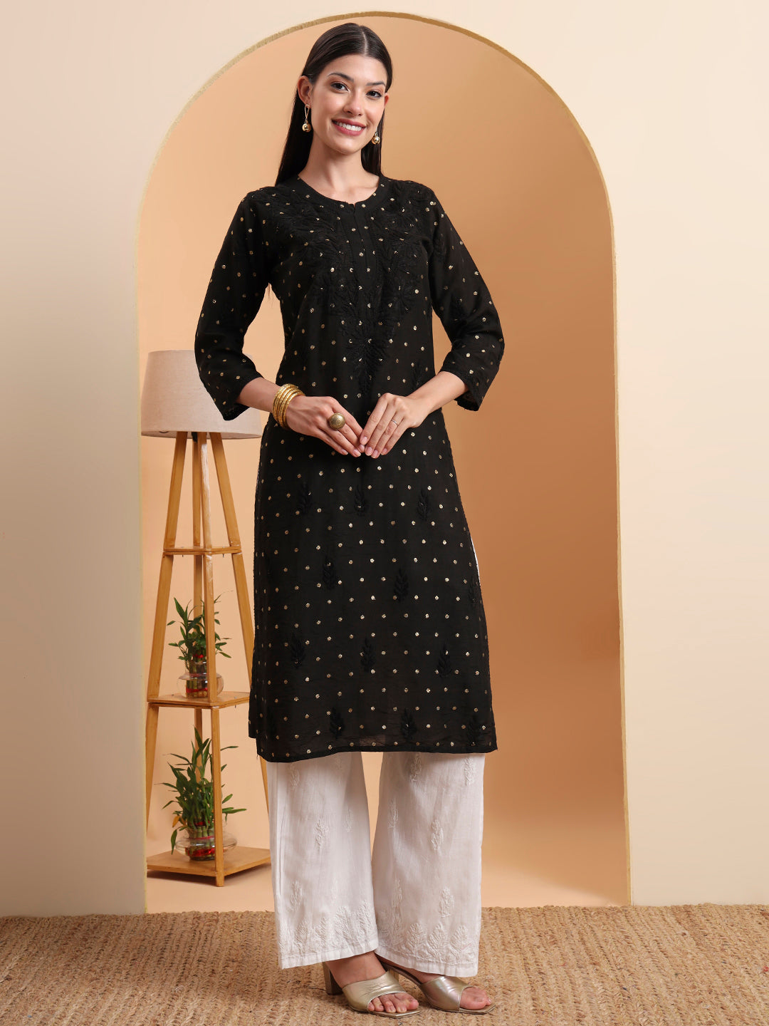 Black Dot Chanderi Work Kurta with White Cotton Palazzo Set