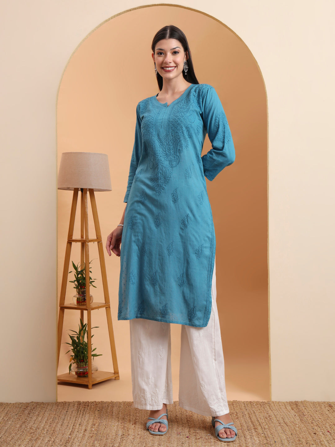 Hand Embroidered Teal Blue Mul Cotton Chikankari Kurta with White Cotton Palazzo Set
