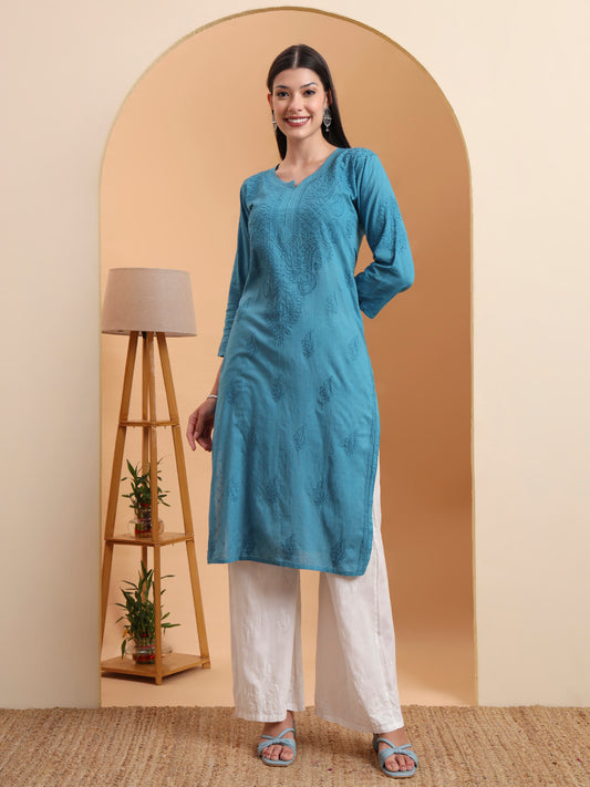 Hand Embroidered Teal Blue Mul Cotton Chikankari Kurta with White Cotton Palazzo Set