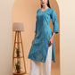 Hand Embroidered Teal Blue Mul Cotton Chikankari Kurta with White Cotton Palazzo Set