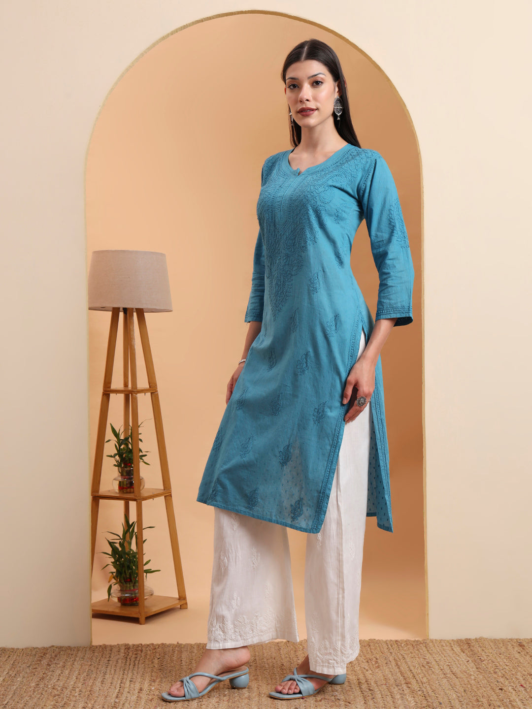Hand Embroidered Teal Blue Mul Cotton Chikankari Kurta with White Cotton Palazzo Set