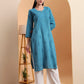 Hand Embroidered Teal Blue Mul Cotton Chikankari Kurta with White Cotton Palazzo Set