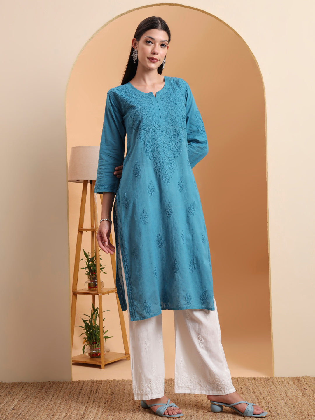 Hand Embroidered Teal Blue Mul Cotton Chikankari Kurta with White Cotton Palazzo Set