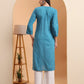 Hand Embroidered Teal Blue Mul Cotton Chikankari Kurta with White Cotton Palazzo Set