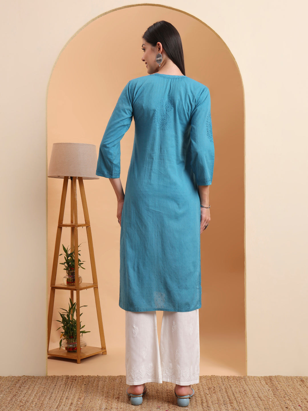 Hand Embroidered Teal Blue Mul Cotton Chikankari Kurta with White Cotton Palazzo Set