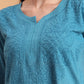 Hand Embroidered Teal Blue Mul Cotton Chikankari Kurta with White Cotton Palazzo Set