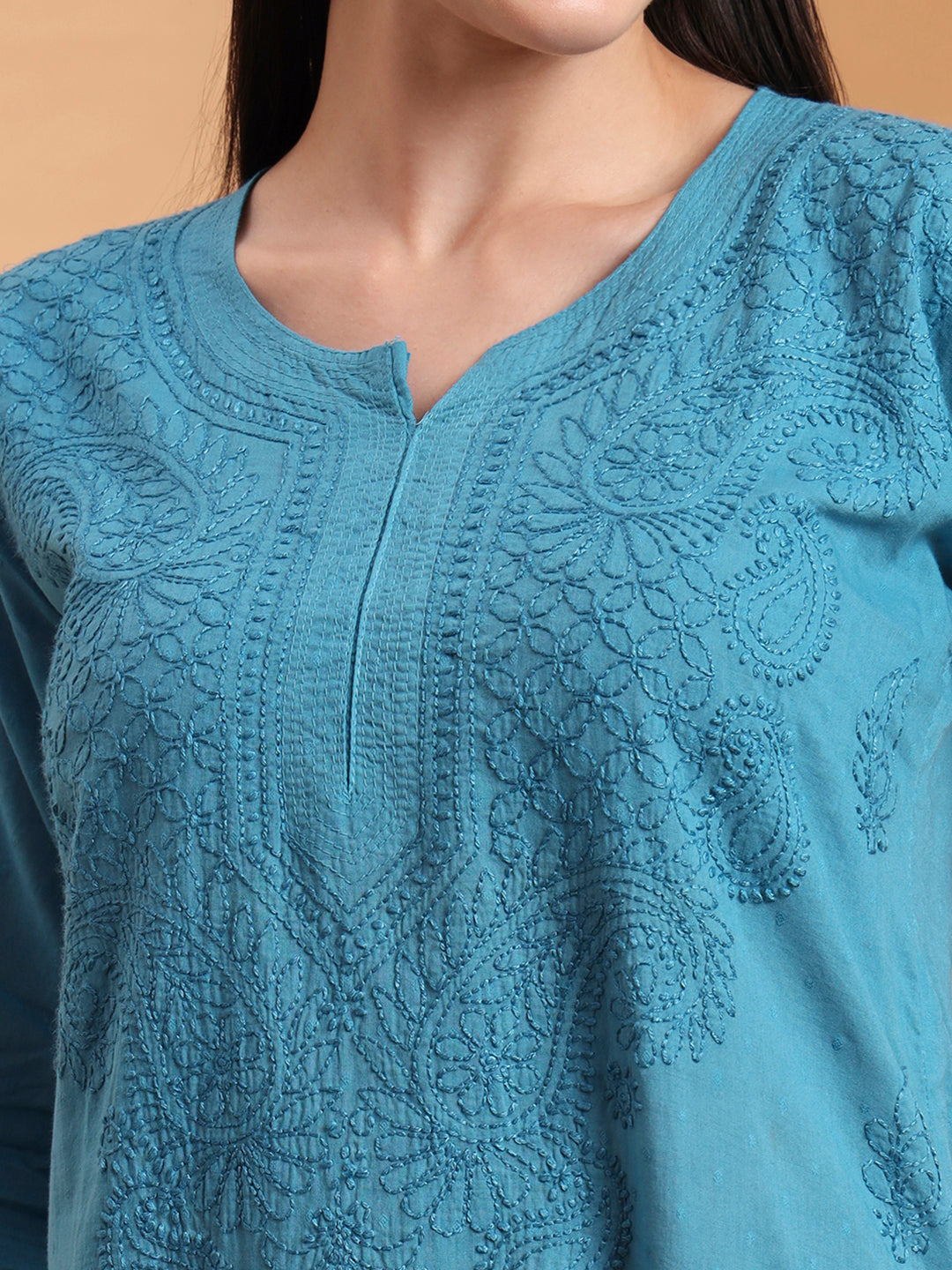 Hand Embroidered Teal Blue Mul Cotton Chikankari Kurta with White Cotton Palazzo Set