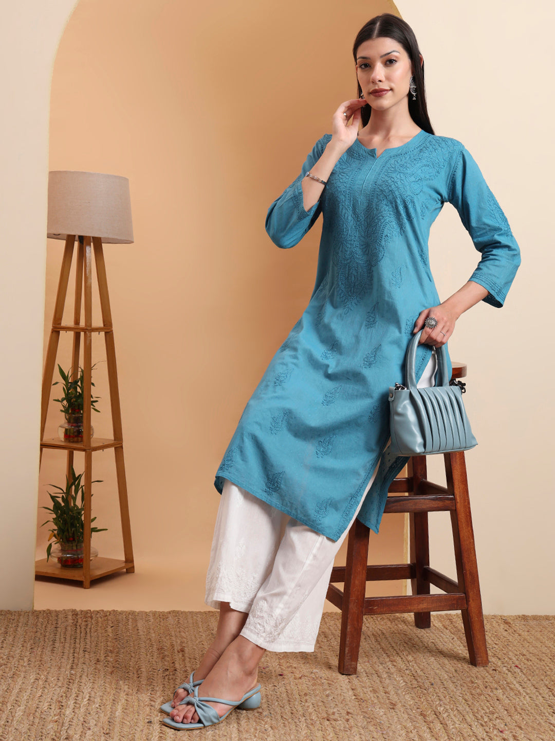 Hand Embroidered Teal Blue Mul Cotton Chikankari Kurta with White Cotton Palazzo Set