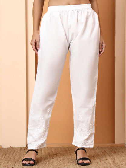 Women’s White Mulmul Cotton Palazzo Pants | Embroidered Straight Fit Bottoms | Ethnic Wear for Kurtis & Kurtas
