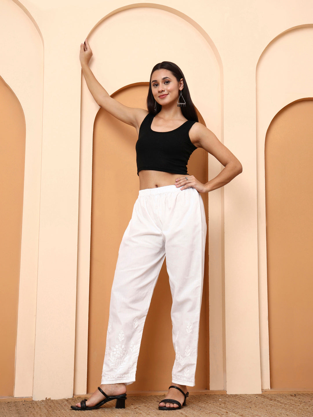 Women’s White Mulmul Cotton Palazzo Pants | Embroidered Straight Fit Bottoms | Ethnic Wear for Kurtis & Kurtas