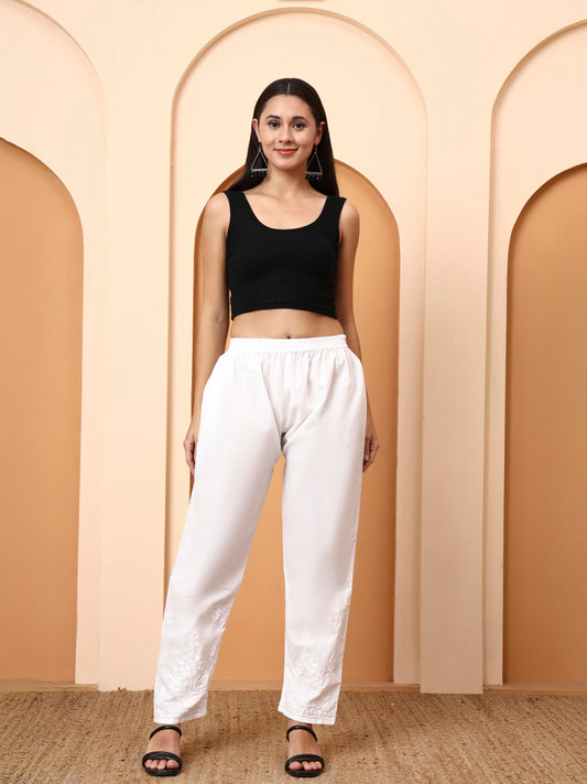 Women’s White Mulmul Cotton Palazzo Pants | Embroidered Straight Fit Bottoms | Ethnic Wear for Kurtis & Kurtas