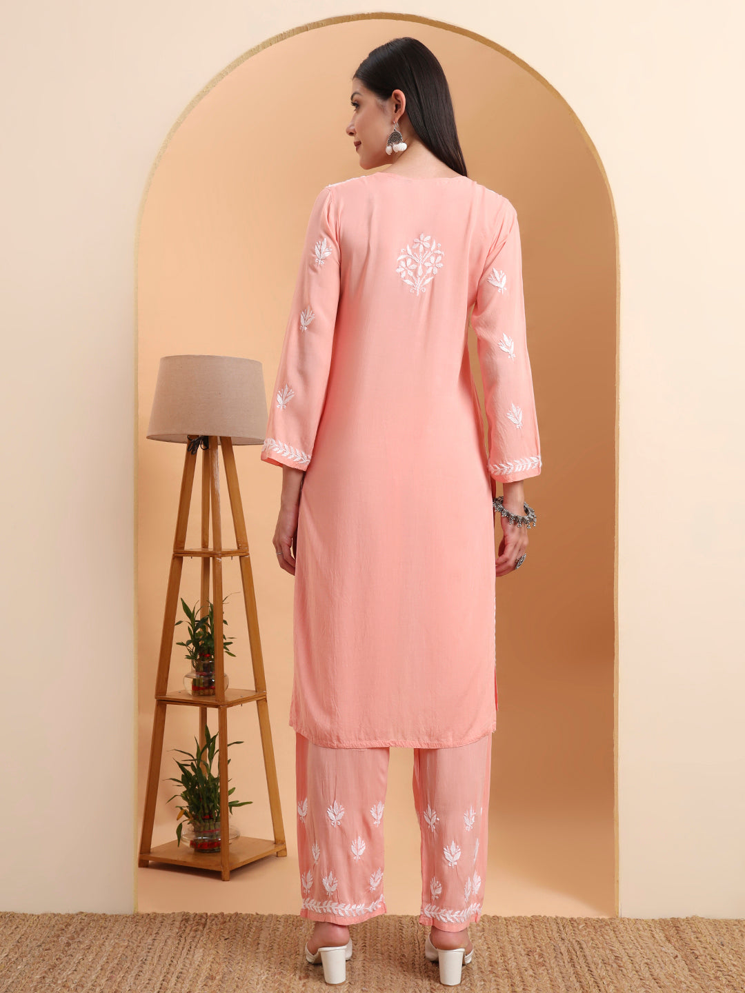 Hand Embroidered Peach Lucknowi Chikankari Rayon Kurta Set