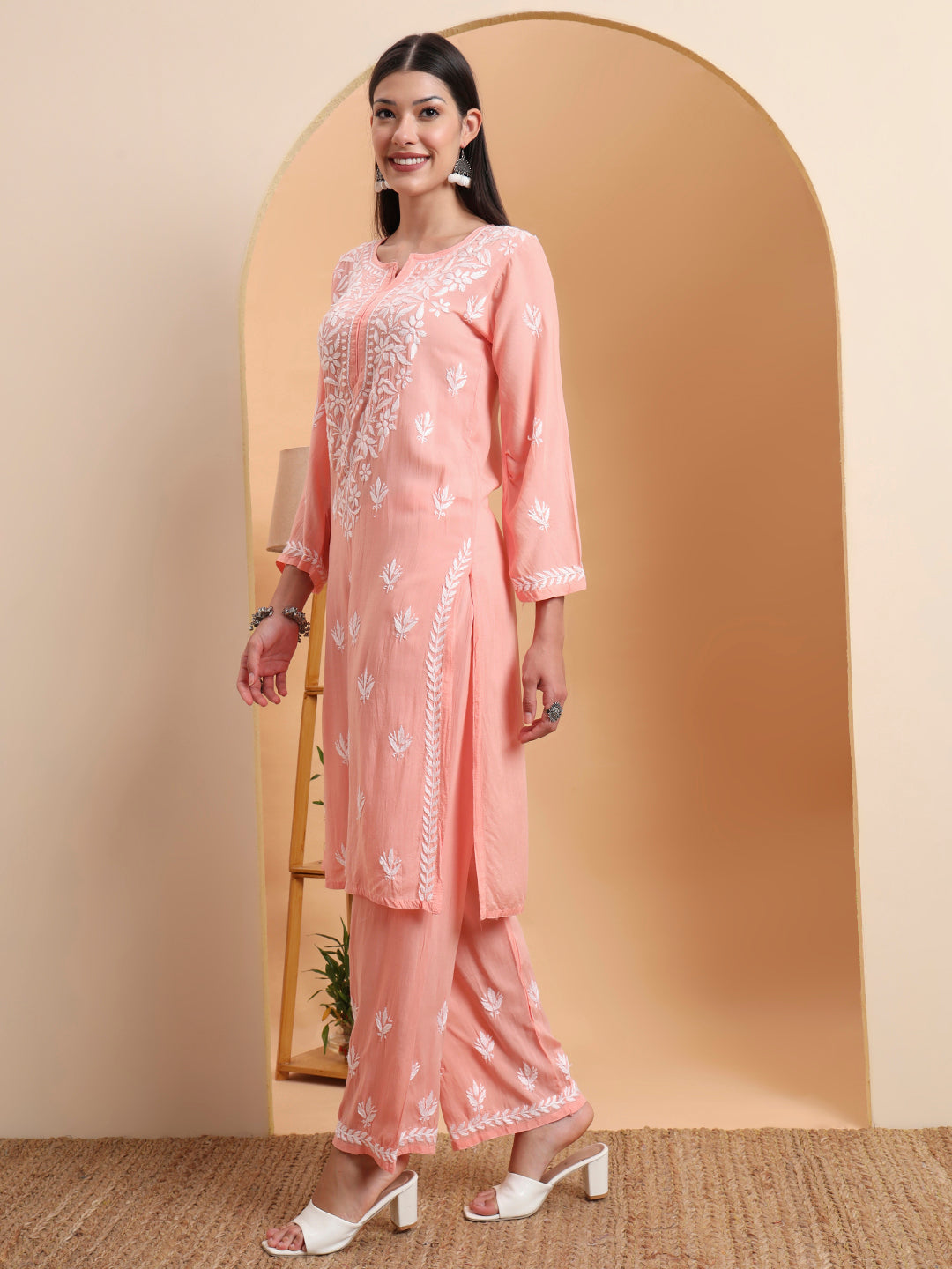 Hand Embroidered Peach Lucknowi Chikankari Rayon Kurta Set