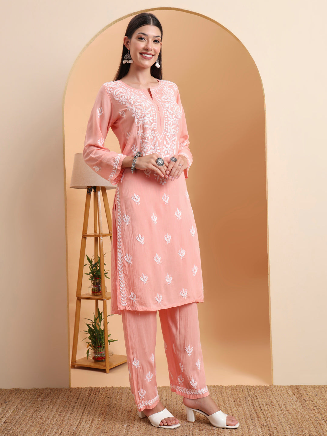 Hand Embroidered Peach Lucknowi Chikankari Rayon Kurta Set