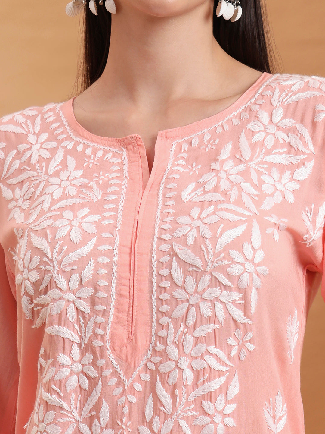 Hand Embroidered Peach Lucknowi Chikankari Rayon Kurta Set
