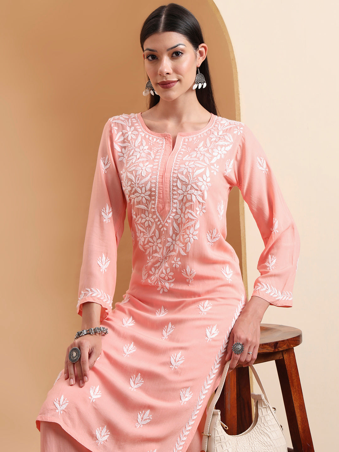Hand Embroidered Peach Lucknowi Chikankari Rayon Kurta Set