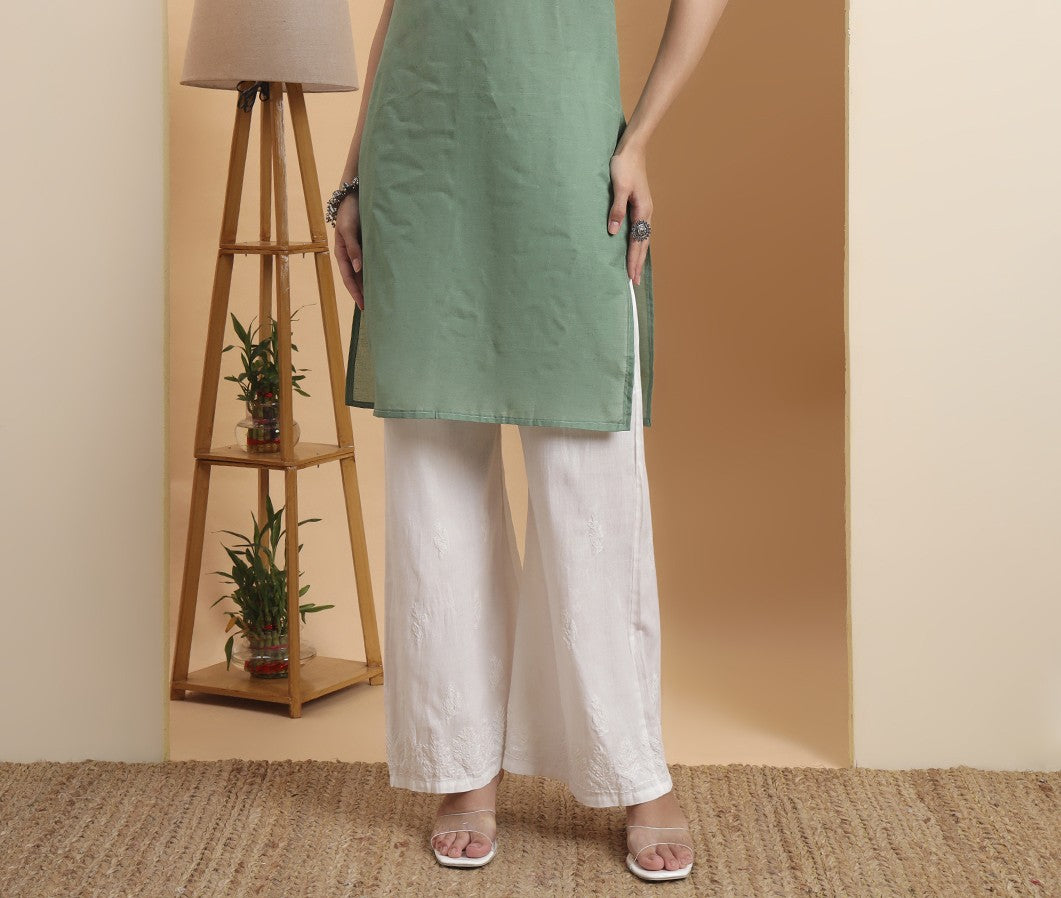 Elenora Women's White Cotton Straight Pants with Chikankari Embroidery – Ethnic Bottom Wear